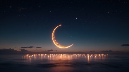 Canvas Print - Glowing Crescent Moon Over Calm Ocean Night Sky