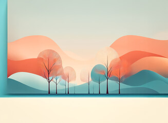 Wall Mural - double exposure creates a dreamy, layered landscape with stylized trees and soft, wavy shapes in pas