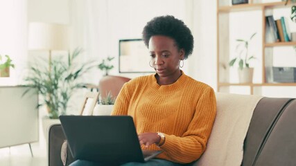 Poster - Laptop, typing and black woman on sofa in home with remote work for creative freelance project. Computer, research and African female journalist with online blog for content creation in apartment.
