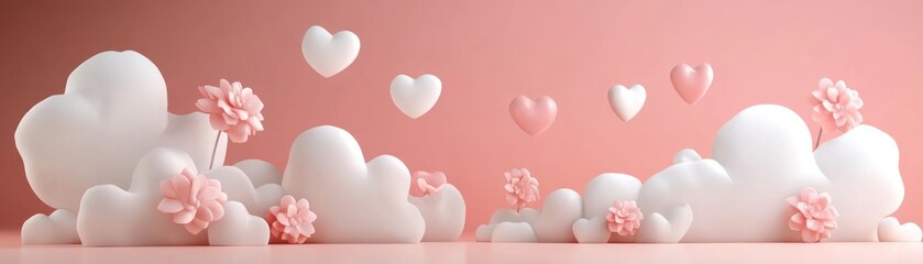 Wall Mural - Pink and White Hearts Flowers Cloudscape Scene