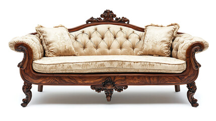 Wall Mural - A large, ornate couch with pillows and a wooden frame