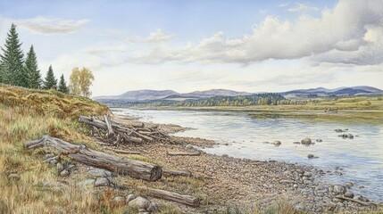 Canvas Print - Serene Riverbank Landscape With Driftwood And Distant Mountains