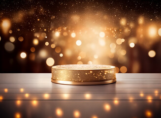 Wall Mural - a luminous golden podium with a double exposure effect and sparkling bokeh lights creates a dreamy a