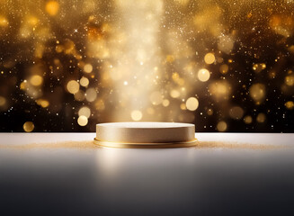 Wall Mural - elegant podium on a shimmering golden bokeh backdrop. double exposure creates a magical atmosphere w