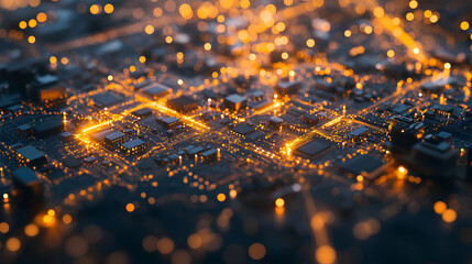 Wall Mural - close-up of an illuminated integrated circuit on a motherboard, highlighting the complexity and conn
