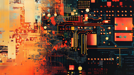 Wall Mural - close-up of an illuminated integrated circuit on a motherboard, highlighting the complexity and conn