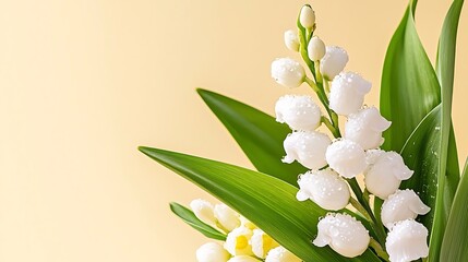 Canvas Print - Elegant white lilies with dew drops against a soft yellow background, showcasing nature's beauty