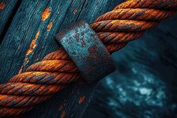 Poster - Rusty orange rope secured with a weathered metal clamp on aged, dark wood.
