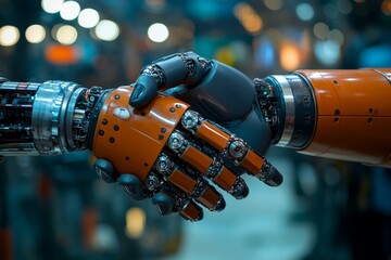 Leinwandbilder - Two robotic hands shaking in a futuristic industrial setting with soft lights and a focus on technology