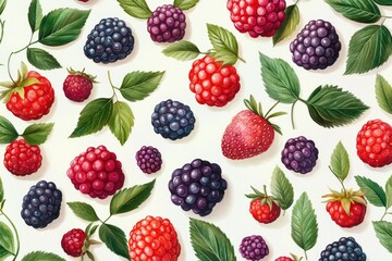 Poster - A vibrant watercolor painting showcases a delightful assortment of fresh berries, including strawberries, raspberries, and blackberries, arranged in a pleasing pattern.