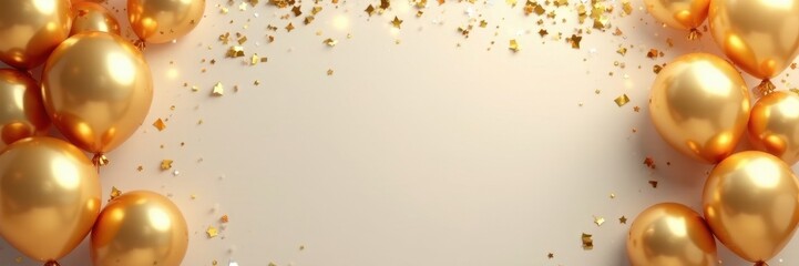 Wall Mural - Golden balloons & confetti border, luxurious birthday celebration , elegant, sparkle, gold foil