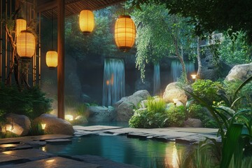 Wall Mural - Serene Asian spa waterfall garden relaxation