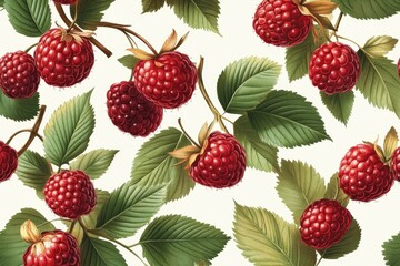 Poster - A seamless pattern showcasing vibrant red raspberries on lush green leaves, a delightful summery design.