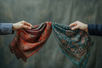 Wall Mural - Two hands holding patterned scarves, showcasing intricate designs and rich colors.