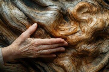 Fototapete - A weathered hand gently rests on a richly textured, swirling piece of wood, showcasing its intricate grain patterns.