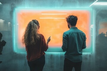 Fototapete - Two individuals collaborate on a large, illuminated, orange-hued canvas, brainstorming ideas together.