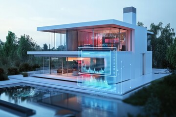 futuristic home design with holographic interface and serene surroundings. generative ai