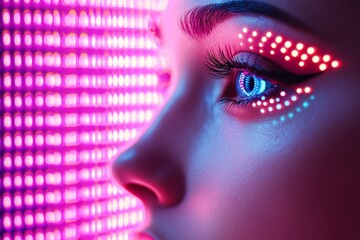 Aufkleber - Unique close-up of a woman's eye illuminated by vibrant neon lights in a modern setting