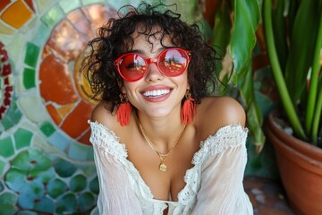 Smiling woman in red sunglasses poses against colorful mosaic background in sunny outdoor setting