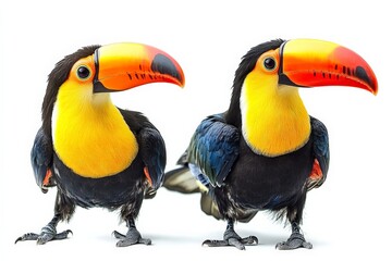 Colorful toucans standing side by side with vibrant beaks showcasing their natural beauty in a bright setting