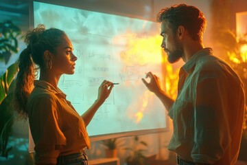 Fototapete - A man and woman collaborate on a whiteboard, brainstorming ideas and sketching out a project plan.