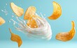 © Антон Федченко - Crispy potato chips flying with sour cream and onion dip splashes, mid-air on a pastel blue background, isolated