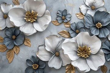 Wall Mural - Floral artwork, relief style, gray, gold colors on a wall for decorative use