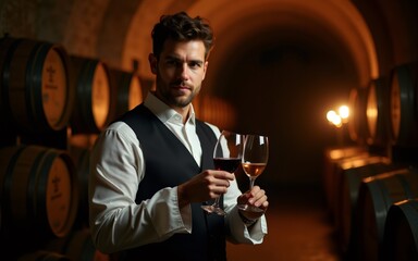 A stylish individual holds two glasses of wine in a dimly lit cellar filled with barrels.