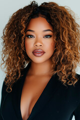 Wall Mural - African American woman with voluminous, curly hair in shades ranging from light brown to dark blonde, She has glossy lips. The background is plain white