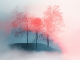 Wall Mural - trees stand on a hill shrouded in mist, bathed in soft red light