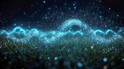 Wall Mural - enchanted night: glowing blue lights dance across the grass. a magical, dreamlike digital art piece.