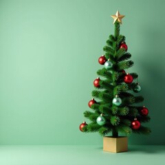 Wall Mural - Classic green Christmas tree, decorated with traditional baubles and a star topper , gold, decorations, christmas