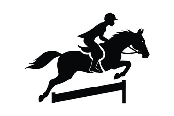 A silhouette vector illustration of a female equestrian riding a horse mid-jump over a hurdle.eps