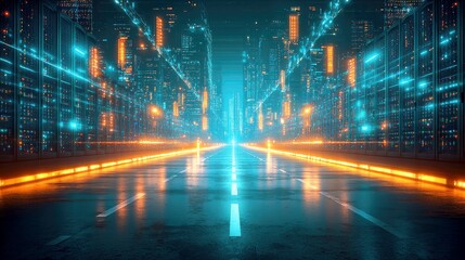 Wall Mural - Cyberpunk Cityscape: A Futuristic Road Through a Digital Metropolis. Neon Lights Illuminate a Highway Lined with Glowing Data Servers, Representing Technological Advancement and Innovation.