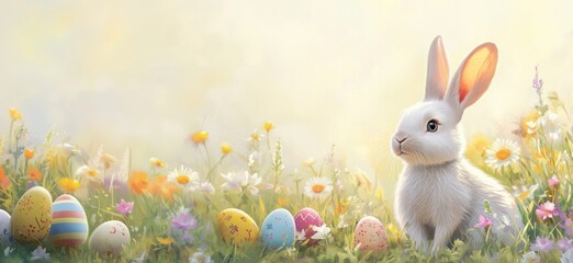 Wall Mural - Easter Bunny in Flower Field Surrounded by Colorful Eggs, Springtime Celebration, Vibrant Nature, Joyful Atmosphere, copy space for text