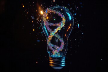 Wall Mural - a lightbulb shatters in slow motion, releasing a cascade of iridescent paint droplets forming a dna helix, symbolizing creative evolution against a deep black background