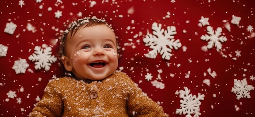 Wall Mural - Joyful baby smiling amidst falling snowflakes and white snowflakes on red background, copy space for text