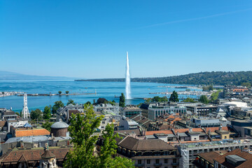 Wall Mural - Aerial view of the city, the Jet d'Eau and the lake of Geneva (lac Léman) in summer, Switzerland