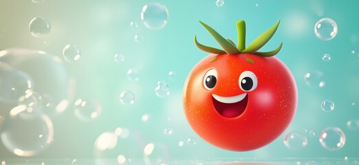 Wall Mural - Cheerful cartoon tomato character with bubbles and vibrant background, copy space for text