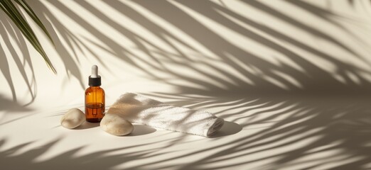 Sticker - Serum bottle, towel, and stones casting shadows on surface with palm leaves, copy space for text