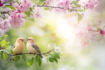 Wall Mural - Two small birds perched on a branch surrounded by blooming pink flowers, springtime nature concept