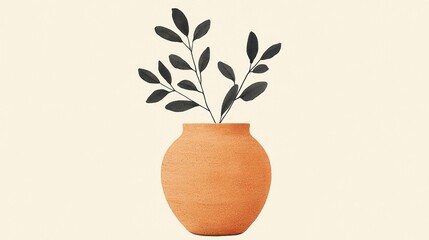 Poster - Elegant terracotta vase with green leaves against a soft beige background, capturing the essence of minimalism and natural decor for contemporary interiors