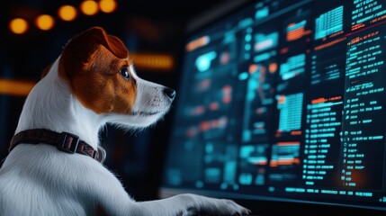 Dog watching futuristic tech screen at night