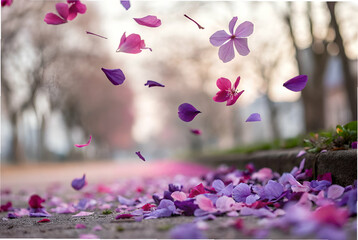 Sticker - A serene scene featuring scattered pink and purple flower petals on a pathway, creating a tranquil and picturesque atmosphere.