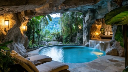 Wall Mural - Cave pool, waterfall, chaise lounges, jungle in view. For travel, relaxation, or lifestyle