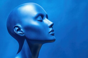 Wall Mural - Blue mannequin head with serene expression against a vibrant blue background, showcasing modern art and stylish design elements