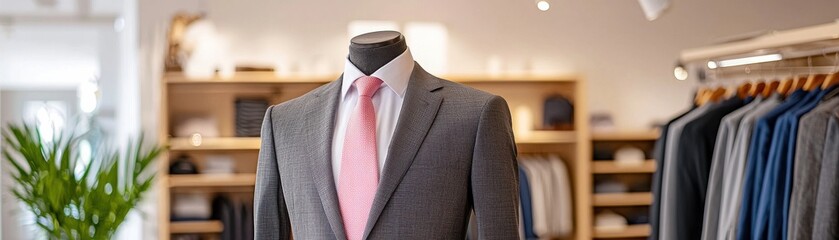 A stylish gray suit with a pink tie on a mannequin, showcased in a modern clothing store with neatly arranged garments in the background.