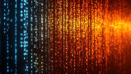 Digital Rain: Binary Code Streams Flowing Dynamically Across Screen, Creating Abstract Visuals of Data in Motion.