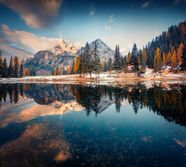 Wall Mural - spectacular autumn sunrise on antorno lake. colorful morning scene of dolomite alps, province of bel