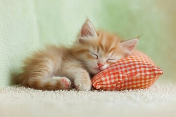 A brown and white kitten sleeps on the floor by a pillow